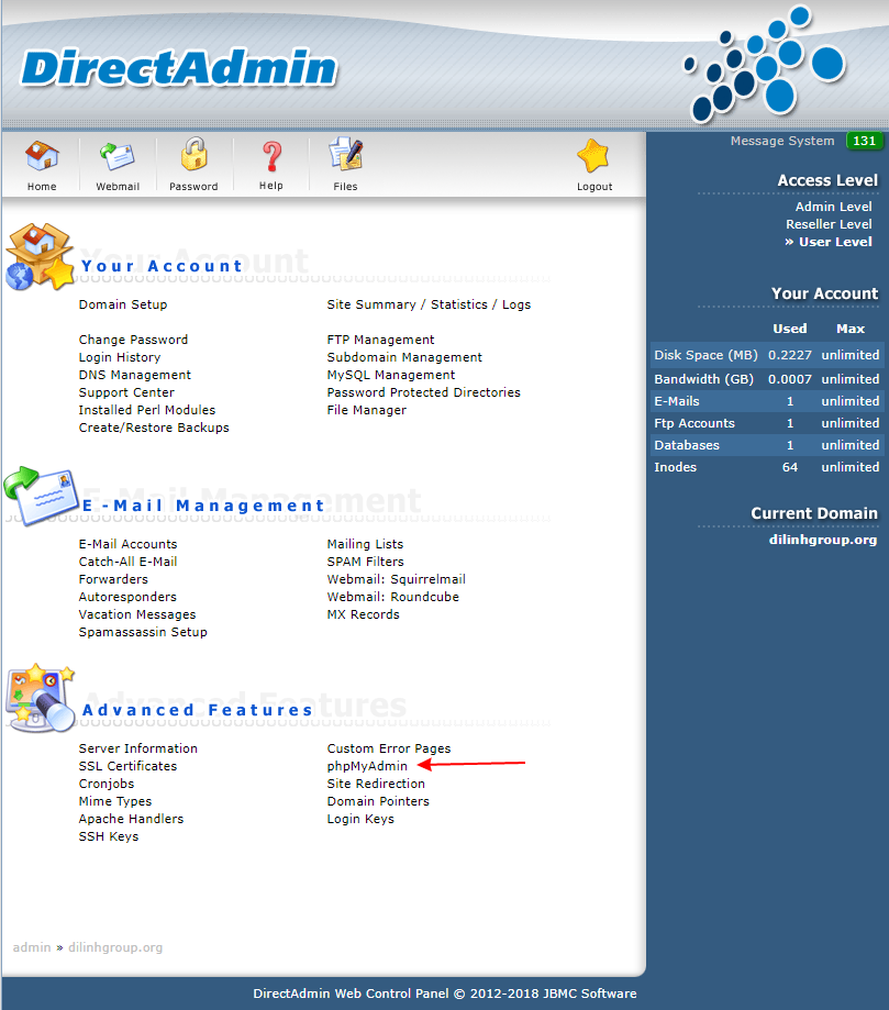 Tạo Database và truy cập phpMyAdmin trên Direct Admin Control Panel 15