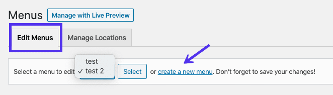 Tạo liên kết menu mới ở đầu trình chỉnh sửa menu WordPress