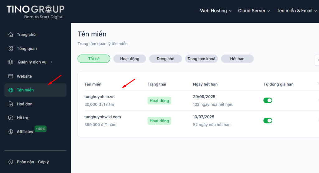 Hướng dẫn cách quản lý DNS trên tên miền tại Tino 2 Cách quản lý DNS trên tên miền tại Tino