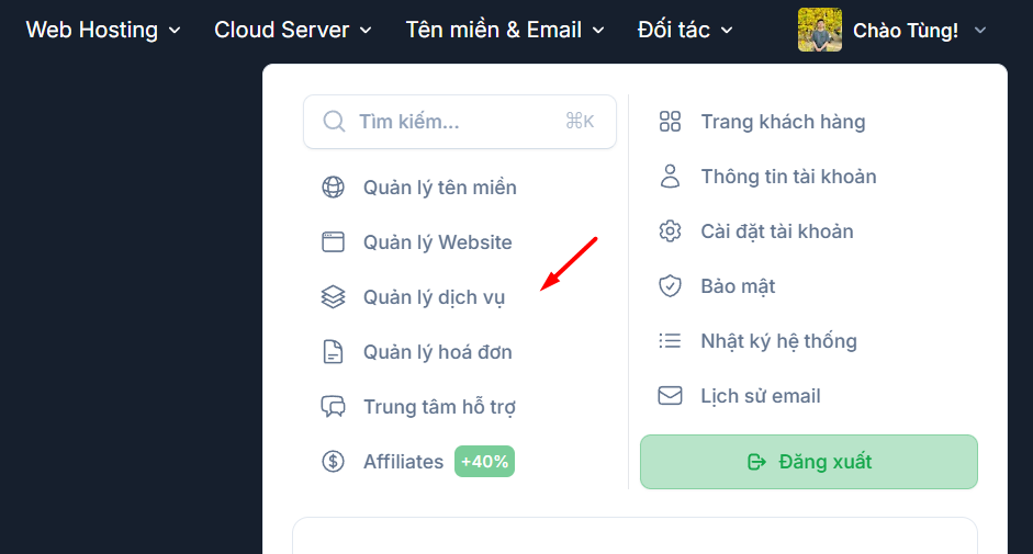 Hướng dẫn đăng nhập vào tài khoản cPanel trên Tino 2 Đăng nhập cPanel từ trang quản lý khách hàng