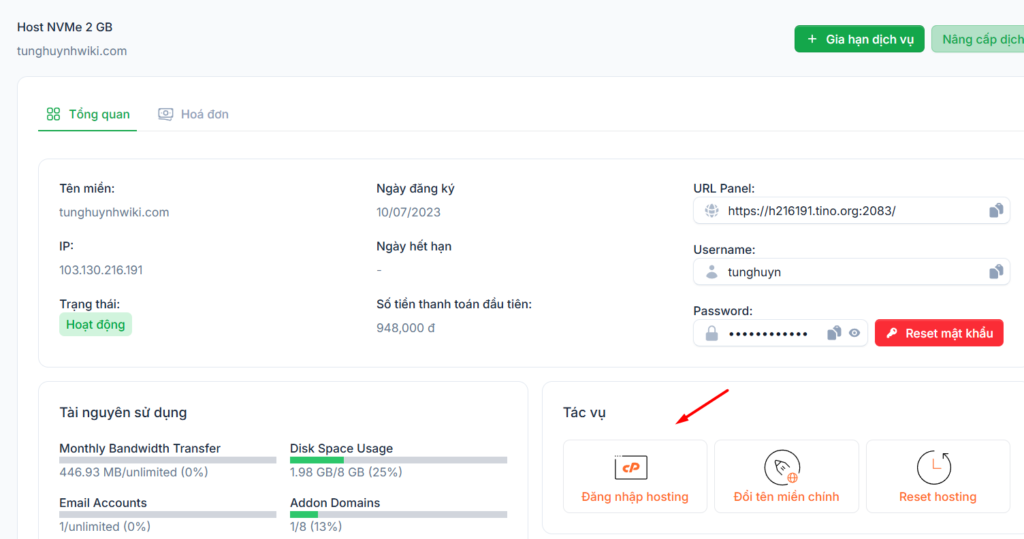 Hướng dẫn đăng nhập vào tài khoản cPanel trên Tino 4 Đăng nhập cPanel từ trang quản lý khách hàng