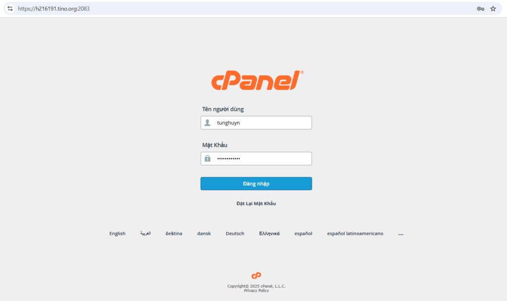 Hướng dẫn đăng nhập vào tài khoản cPanel trên Tino 7 Đăng nhập qua thông tin được cung cấp sau khi kích hoạt thành công dịch vụ hosting