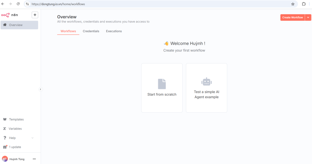Hướng dẫn cách trỏ tên miền về IP VPS N8N và đổi Hostname thành tên miền đã mua 12 Giao diện n8n sau khi đổi tên miền