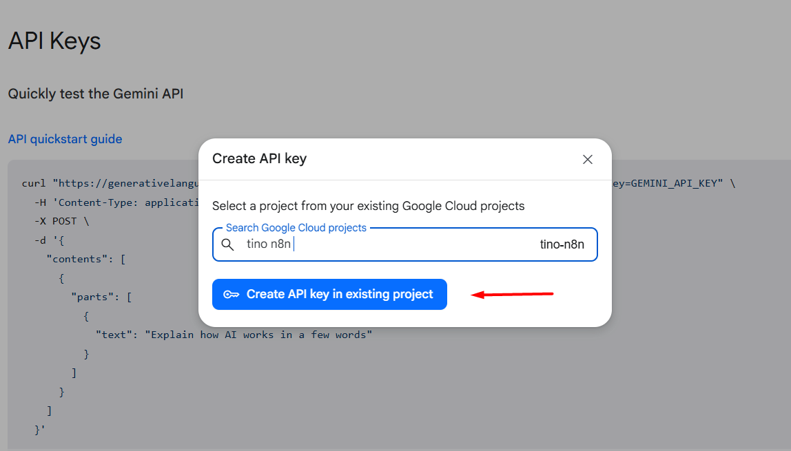 Hướng dẫn cách lấy API Key của Google Gemini để sử dụng trong n8n 6 Các bước lấy API Key Google Gemini
