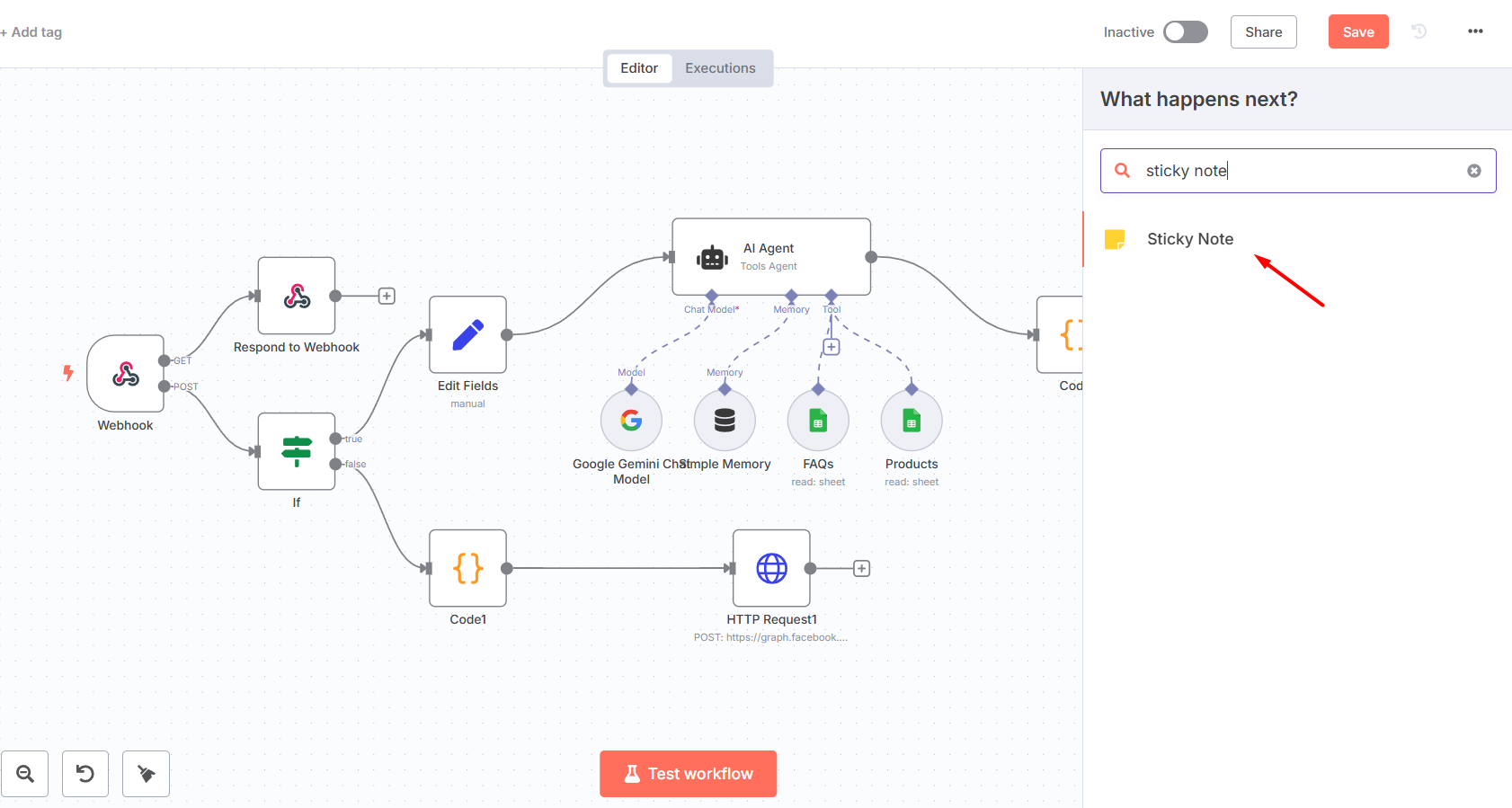 Cách sử dụng Sticky node để tạo chú thích trong workflow n8n