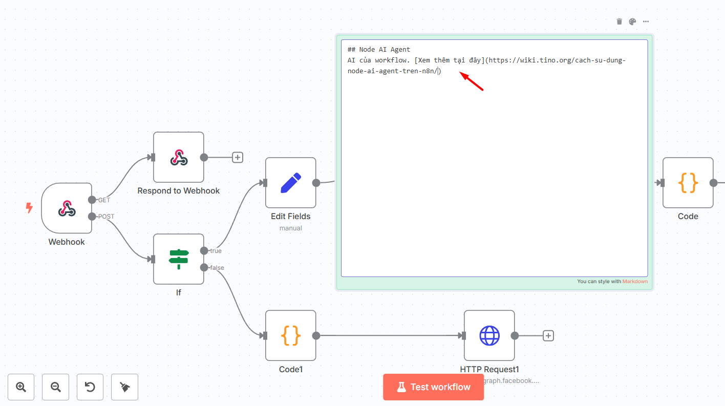 Cách sử dụng Sticky node để tạo chú thích trong workflow n8n